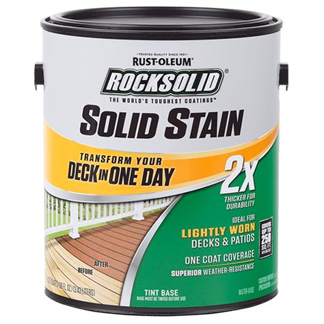 Transform your Deck in One Day with RockSolid 2X Solid Stain. This innovative one coat deck resurfacer is ideal for lightly worn decks and patios. RockSolid 2X Solid Stain offers superior weather-resistance and waterproofing protection keeping the surface safe from the harshest of weather conditions. Solid Stain Deck, Deck Cleaner, Decks And Patios, Deck Restoration, Wood Primer, Exterior Wood Stain, Solid Stain, Floor Paint, Deck Paint