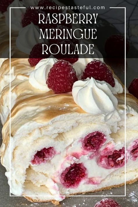 A light and airy dessert featuring crisp meringue rolled with whipped cream and fresh raspberries, perfect for any occasion. Roulade Recipe Desserts, Meringue Roulade, Roulade Recipe, Raspberry Meringue, Meringue Pavlova, Meringue Cake, Fresh Raspberries, Creamed Eggs, Quick Weeknight Meals