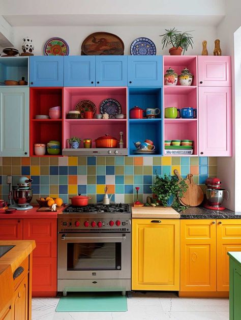 24 Room Renovation Ideas That Infuse Color and Life into Your Home • 333+ Images • [ArtFacade] Small Colorful Kitchen Ideas, Colorful Industrial Interior, Colourful Cupboards, Colorful Apartment Kitchen, Multicoloured Kitchen, Kaarin Joy, Kitchen Ideas Color, Industrial Chic Bedroom, Narrow Kitchen Ideas