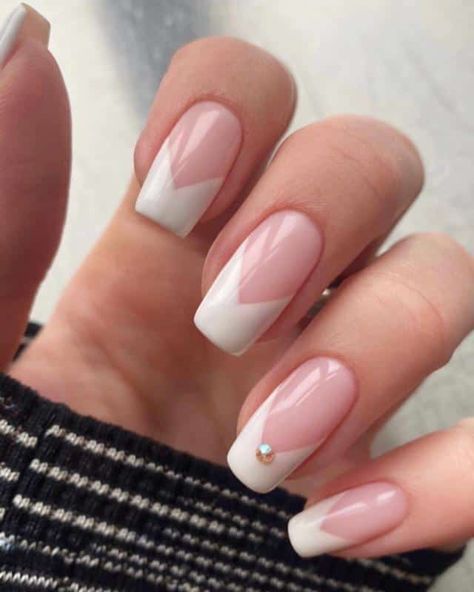 V French Nail Tip Design 4 Classic Nail Designs French Tips, French Tip Angled Nails, French Gel Manicure Designs, Unique French Tip Nails Design Short, V French Manicure Designs, Glitter French Manicure Square, Fun French Tip Nails Coffin, Nail Tip Ideas French, Chevron Nails French