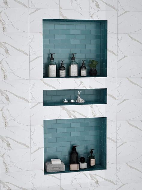 Get Built-in Bathroom Storage With These 10 Shower Niche Ideas - Bob Vila Bathroom Niche Design, Built In Bathroom Storage, Wall Bathroom Cabinet, Recessed Shower Shelf, Tile Shower Niche, Bathroom Niche, Recessed Shelves, Shower Storage, Wall Bathroom