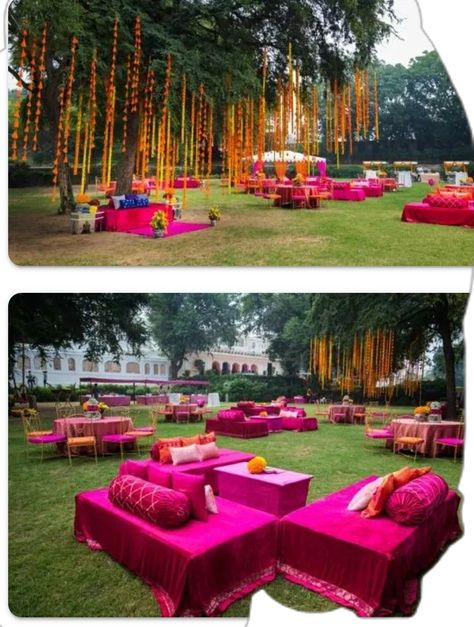 Mehndi Seating Decor, Mendhi Decoration Ideas Outdoor, Haldi Ambience Decor, Mehendi Seating Decor, Outdoor Sangeet Decor Ideas, Minimal Haldi Decor, Mehendi Decor Outdoor, Jaago Decor, Outdoor Mehndi Decor