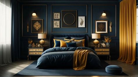 Blue And Copper Bedroom Ideas, Navy Monochromatic Bedroom, Dark Blue Panelled Bedroom, Blue Bedroom Gold Accents, Blue Dark Academia Bedroom, Blue And Mustard Bedroom, Blue Monochromatic Room, Dark Navy Bedroom, Navy And Mustard Bedroom