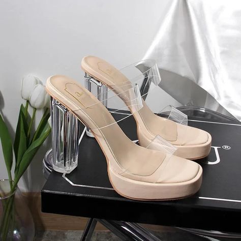 Open Toe High Heels Women Transparent Perspex Slippers Shoes Heel Clear Sandals Clear Heel Shoes, Sandals Woman, Clear Block Heels, Nude High Heels, High Heels Sandals, Womens Summer Shoes, Super High Heels, Heel Slippers, Platform Slippers