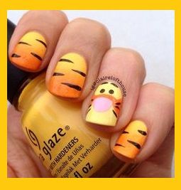 Tigger Nails. Tiger Nail Art, Disneyland Nails, Disney Nail Designs, Disney Inspired Nails, Tiger Nails, Disney Acrylic Nails, Kutek Disney, Nail Art Disney, Colorful Nails