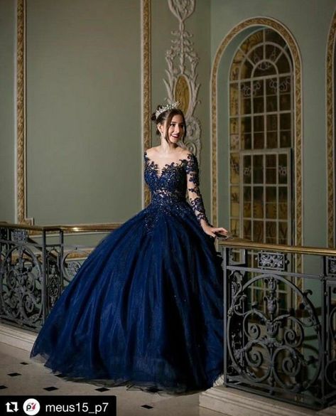 Dark Blue Gown Dress, Navy Blue Quince Dress With Sleeves, Navy Blue Themed Quinceanera, Wedding Dresses Dark Blue, Long Sleeve Quinceanera Dresses Blue, Dark Blue 15 Dresses, Dark Color Quinceanera Dresses, Quince Dress Dark Blue, Indigo Quinceanera Dress