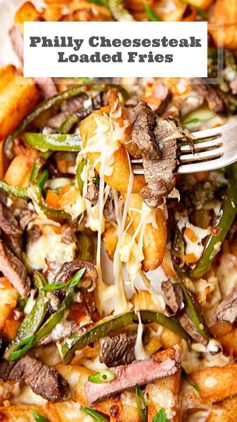 Philly Cheesesteak Loaded Fries Philly Cheese Steak Tacos, Loaded Steak Fries Recipes, Philly Cheese Steak Fries Recipe, Loaded Steak Fries, Loaded Fries Ideas, Philly Cheesesteak Fries, Fries Ideas, Cheesesteak Fries, Dirty Fries