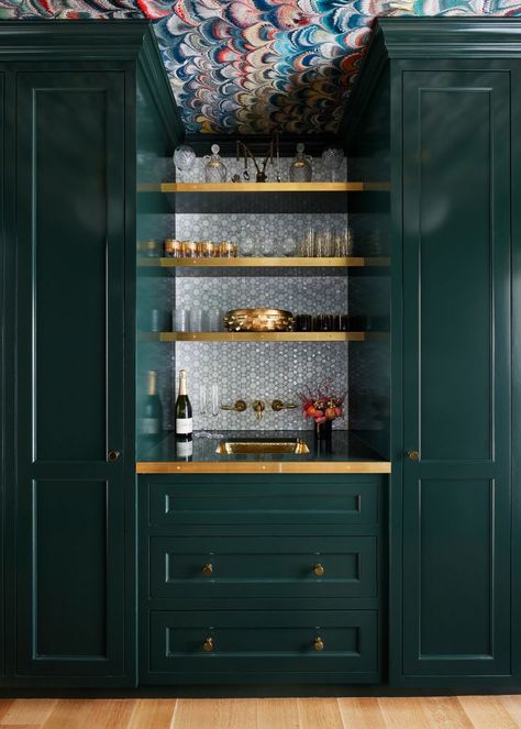 What Is a Butler's Pantry—Plus, Beautiful Ideas to Inspire Your Own Pantry And Wet Bar, Dark Green Butlers Pantry, Colorful Butlers Pantry, Dark Moody Butlers Pantry, Butler Pantry Backsplash, Butlers Pantry Wallpaper, Moody Butlers Pantry, Butlers Pantry Coffee Bar, Butlers Pantry Bar