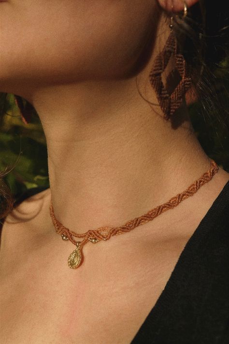 This stunning intrinsicate macrame choker necklace with a brass pendant in the form of a drop and brass beads made of high quality wax thread (linhasita). It is very versatile and it speaks to many styles. The color of the necklace on the first photo is caramel. It can be made in another color. The necklace is adjustable with a sliding knot for ease of sliding it over your head and finally adjusting it according to the size of your neck. The wax thread is very durable and gives a natural feel, i Macrame Choker Necklace, Style Ibiza, Macrame Choker, Brass Beads, Micro Macramé, French Alps, Sliding Knot, Micro Macrame, Macrame Jewelry