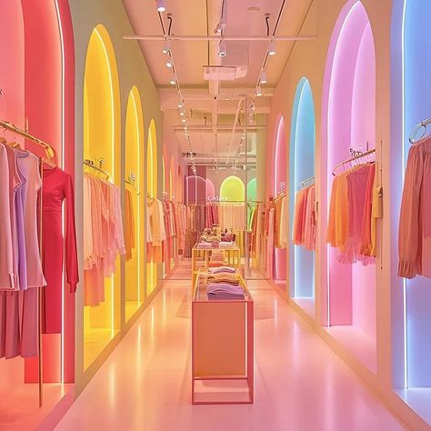 The Rainbow Revolution 🌈 - by Becky - Fashion Futures Retro Retail Store Design, Retail Space Design Concept Stores, Colorful Retail Store, Aesthetic Store, Fashion Store Design, Neon Store, Clothing Store Displays, Clothing Store Interior, Store Design Boutique