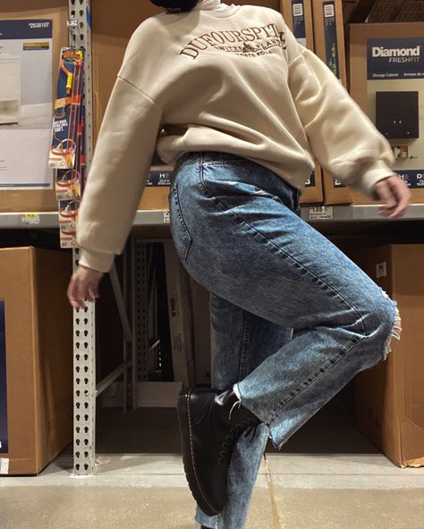 fall outfit inspo, white turtle neck, beige/tan crewneck with ripped denim, doc marten boots Beige Crewneck Outfit, Doc Martens Boots Outfit, Tan Crewneck, Doc Marten Boots, Crewneck Outfit, White Turtle Neck, Beige Crewneck, Doc Marten Boot, Perfect Fall Outfit