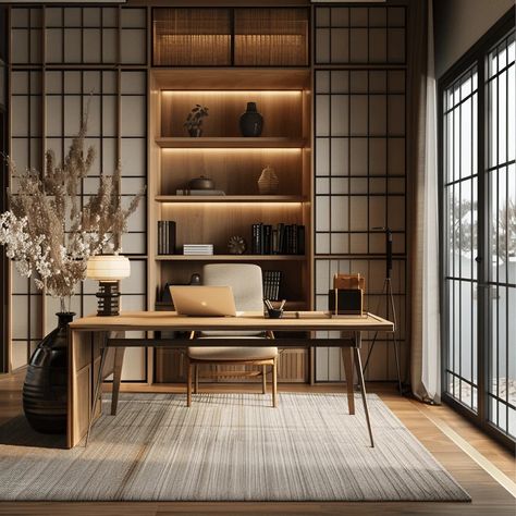 Japandi Working Room, Japanese Office Interior, Office Japandi, Japanese Style Office, Japanese Office Design, Japanese Home Office, Japandi Office Design, Scandinavian Office Design, Minimal Office Space