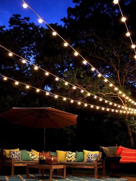 canopy backyard string lights Backyard String Lights, Backyard Trees, Diy String Lights, Easy Diy Decor, Backyard Lighting, Outdoor Diy Projects, Solar String Lights, Outdoor Inspirations, Canopy Lights