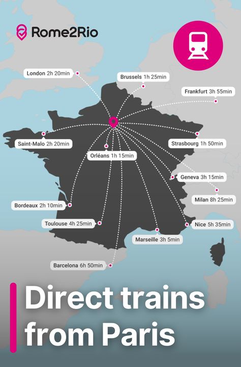 This handy France map shows travel times for direct trains from Paris to some of the major cities in France, UK and Europe. Note that Journey times might vary, and some routes require advance booking. Plan your trip with Rome2Rio.com. Trains In France, Uk Travel Guide, Cities In France, France Honeymoon, Paris Pics, Travel In France, Europe Trip Planning, French Basics, Europe Train Travel