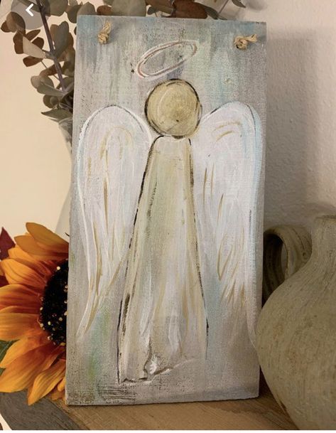 Paintings Simple, Angel Paintings, Angel Drawing, Hand Painted Wood Sign, Angel Crafts, Painting Wood, Angel Painting, Simple Gift, Christmas Canvas