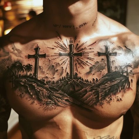 Meaning of 3 Cross Tattoo | 90+ Three Cross Tattoo Designs Cross Shield Tattoo, Christian Back Tattoos For Men, Christian Shoulder Tattoo, Trinity Tattoo Christian, Cross Chest Tattoo Men, Christian Warrior Tattoo, 3 Crosses Tattoo Men, Christian Sleeve Tattoo Men, Men’s Chest Tattoos