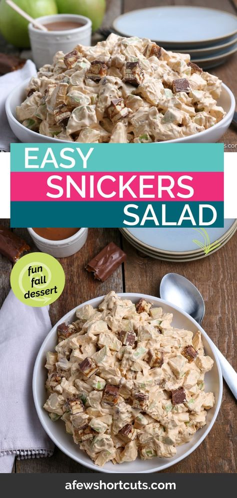 Snickers Salad Recipe, Fun Fall Desserts, Desert Salads, Dessert Salad Recipes, Sweet Salads, Snicker Apple Salad, Snickers Salad, Tasty Sweets, Yummy Fall Recipes