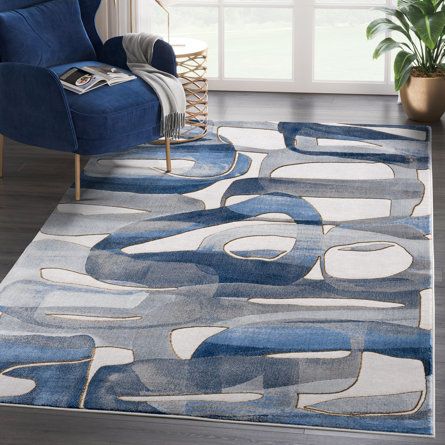 Blue Gray Area Rug, Blue And White Rug, Blue Living Room Decor, Grey And White Rug, Blue Couches, Gold Living Room, Blue Grey Rug, Blue Living Room, Circular Pattern