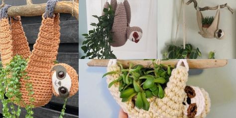 How to Crochet a Sloth Planter Sloth Plant Hanger, Sloth Planter, Plant Hanger Pattern, Yarn Animals, Dog Sweater Crochet Pattern, Crochet Sloth, Crochet Bib, Fingerless Gloves Crochet Pattern, Crochet Hearts