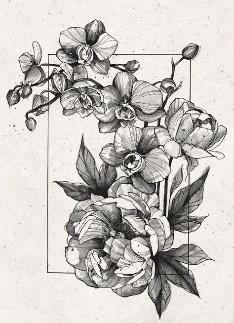 Orchid And Peony Tattoo, Orchid Tattoo Sketch, Roses And Orchids Tattoo, Orchids And Peonies, Orchid Rose Tattoo, Peony Ink Drawing, Peonie Tattoo Designs, Vintage Floral Drawing, Orchid Sleeve Tattoo