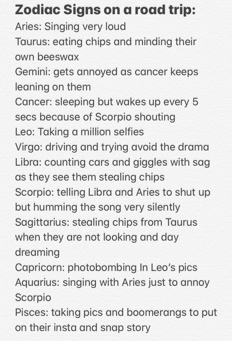 How Aries Sees The Signs, How Aquarius Sees The Signs, Zodiac Signs On A Road Trip, Zodiac Signs Scenarios, How Capricorn Sees The Signs, Zodiac Scenarios, Zodiac Signs Tumblr, Capricorn Things, Zodiac Signs Couples