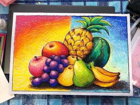 Fruits Drawing For Kids, Fruit Basket Drawing, Scenery Drawing For Kids, Fruit Art Drawings, Oil Pastel Drawings Easy, Oil Pastel Colours, Fruits Drawing, Drawing Lessons For Kids, Concept Art Tutorial