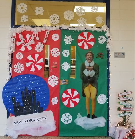 Elf Movie Door Decorating Contest, Elf Movie Hallway Decorations School, Buddy The Elf Door Decorating Contest, Elf Movie Door Decorations Classroom, Elf Classroom Decorations, Buddy The Elf Door Decorations Classroom, Buddy The Elf Classroom Decorations, Buddy The Elf Classroom Door, Elf Movie Door Decorations