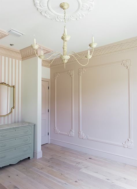 Millwork Bedroom Wall, Princess Dream Room, Decorative Wall Moulding, Caitlin Wilson Nursery, Picture Molding Bedroom, Nursery Wall Trim, Nursery Molding, Elegant Playroom, Changing Station Nursery