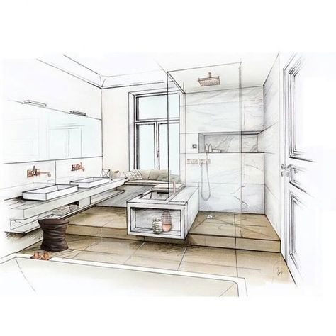 Stunning Exterior Sketching Crafted for Your Space Bathroom Sketch, Nature Inspired Bathroom, Interior Architecture Sketch, Arch Sketch, Rendering Interior, Instagram Bathroom, Interior Design Renderings, Interior Architecture Drawing, Drawing Interior