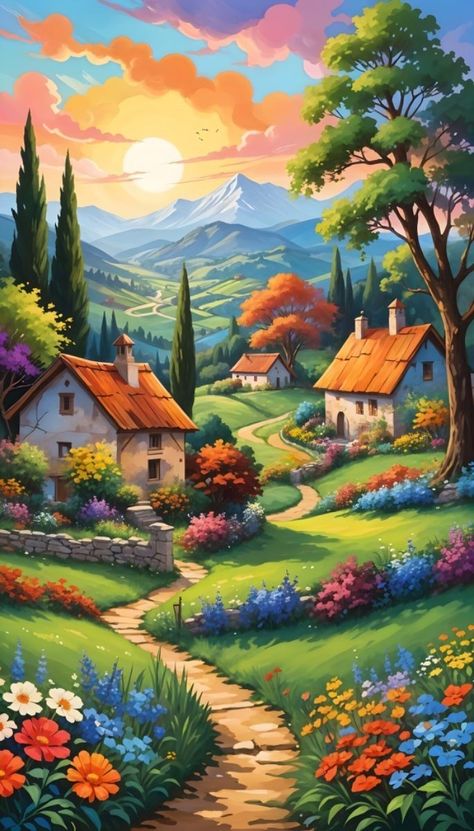 Countryside Paintings Landscapes, Serene Scenery, Idyllic Countryside, Nature Wonders, Indoor Courtyard, Bird Coloring, Colorful Landscape Paintings, Countryside Paintings, Cozy Cottages