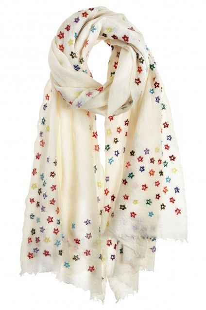 Skyful Embroidered Wool Gauze Scarf Add Sinchi™ - WOW them... www.SinchiScarfClip.com Duppattas Designs Ideas, Scarf Embroidery, Embroidery Scarf, Salwar Designs, Embroidered Scarf, White Scarf, Calypso St Barth, Scarf Women Fashion, Stole Scarf