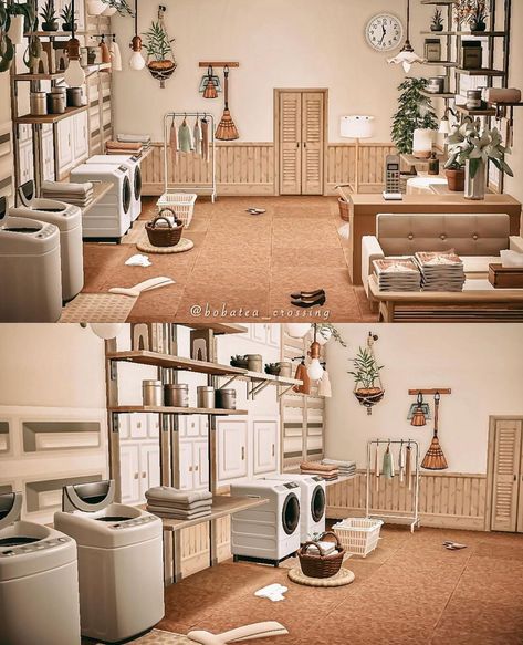 Laundry Room Ideas Animal Crossing, Laundry Animal Crossing, Acnh Laundry Room Ideas, Animal Crossing Washing Area, Animal Crossing Laundry Room, Tokonoma Animal Crossing, Animal Crossing Laundromat, Animal Crossing Clothing Store, Acnh Laundry Room