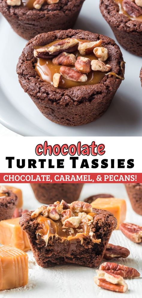 A fan-favorite cookie featuring chocolate, pecans, and caramel, these Turtle Tassies are the perfect bite-size treat for your next holiday party or family gathering! If you don’t know what a “tassie” is, you’re not alone! Tassies are like a sugar cookie cup, made in mini muffin cups instead of baked on a cookie sheet, then topped or filled with a variety of delectable goodies. These Turtle Tassies are so easy to make and fun to eat! Mini Muffin Tin Cookie Recipes, Turtle Tassies, Tassies Recipe, Chocolate Cookie Cups, Turtle Candy, Chocolate Pecans, Pie Cups, Cups Recipes, Chocolate Turtle