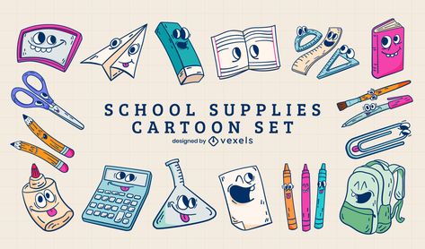 School supplies cartoon set Cartoon School Supplies, Back To School Cartoon, Canva Tips, School Cartoon, Toddler Arts And Crafts, 3dprinting Design, School Supply, Toddler Art, Retro Cartoons