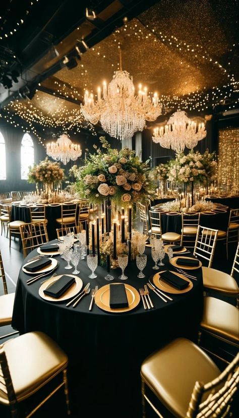 Modern Black And Gold Wedding, Black Cream Gold Wedding, Wedding Black White Gold, Wedding Decor Black And Gold, Black White Gold Wedding Theme Decor, Black And Gold Themed Wedding, Masquerade Wedding Reception, Wedding Reception Black Tablecloths, Black And Gold Reception Decor