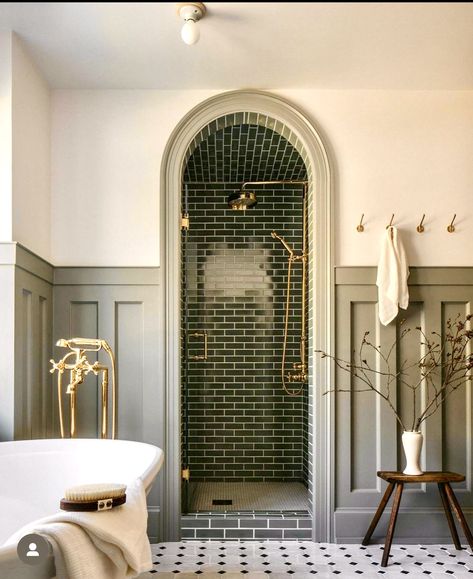 Shower With Storage Next To It, Historic Bathroom Remodel, Attic Shower Room, Tile Moulding, German Country, Maximalist Bathroom, Drømme Bad, House Dream, Attic Bathroom