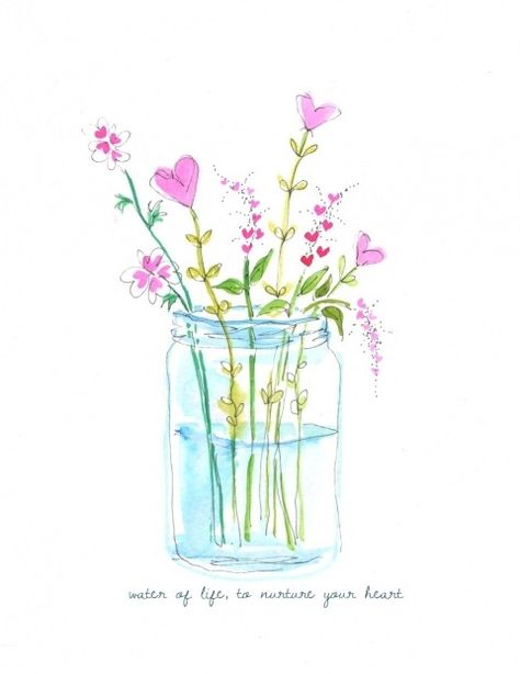 Boho/Pastel/Luxury(: Flowers In A Jar, Drawing Of Flowers, Maus Illustration, Flowers In Jars, Art Carte, Cat Air, 수채화 그림, Art Et Illustration, Watercolor Inspiration