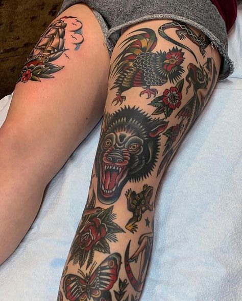 Traditional Tattoo Knee, Traditional Thigh Tattoo, Traditional Tattoo Filler, Knee Tattoos, Tattoo Sleeve Filler, Traditional Tattoo Inspiration, Traditional Tattoo Sleeve, Tattoo People, Upper Arm Tattoos