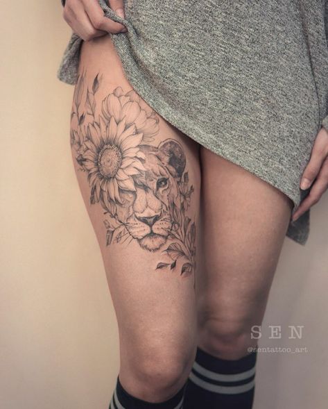 Leo Sunflower and Lioness Tattoo | Tattoo Ideas and Inspiration Lion Tattoo On Thigh, Lioness Tattoo Design, Female Lion Tattoo, Girl Thigh Tattoos, Lioness Tattoo, Hip Thigh Tattoos, Leo Tattoos, Hip Tattoos Women, Leg Tattoos Women