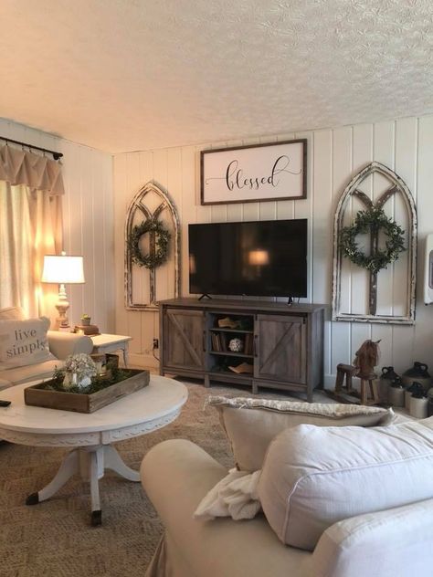 Large Tv Stand Decor, Wall Decor Near Tv, Decor Around Tv On Wall, Comfy Farmhouse, Farmhouse Home Decor Ideas, Tv Mounted, Farmhouse Apartment, Farmhouse Remodel, Farmhouse Home Decor