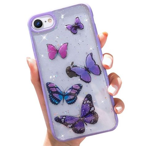 wzjgzdly Butterfly Bling Clear Case Compatible with iPhone SE 2020 Case, iPhone 8 Case, iPhone 7 Case, Glitter Case for Women Cute Slim Soft Slip Resistant Protective - Purple Cute Iphone 7 Cases, Creative Iphone Case, Pretty Butterfly, Girly Phone Cases, Pretty Iphone Cases, Pretty Phone Cases, Iphone Se Case, Pink Phone Cases, Glitter Case