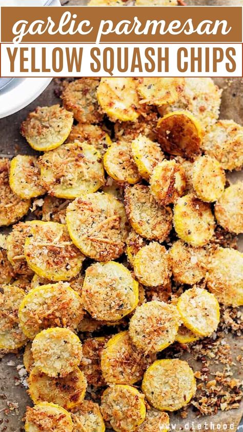 Savor the crunch of our Garlic Parmesan Yellow Squash Chips! Baked to perfection, these chips offer a healthier alternative to traditional snacks. They're crispy, loaded with flavor, and super easy to make. Parmesan Yellow Squash, Baked Squash Recipes, Squash Appetizers, Yellow Squash Chips, Fried Yellow Squash, Baked Yellow Squash, Squash In Oven, Squash Chips, Healthy Squash Recipes