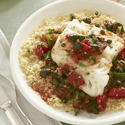 Cod Livornese with Couscous  - Delish.com Cod Livornese, Delicious Seafood Recipes, Couscous Recipes, Cod Recipes, Beach Meals, Fish Dinner, Good Housekeeping, Easy Weeknight Meals, Couscous