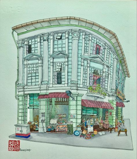 Penang Heritage Building, Heritage Building, Building Drawing, Penang Malaysia, Shop Fronts, Pen And Watercolor, Display Design, Paintings And Drawings, Old Buildings