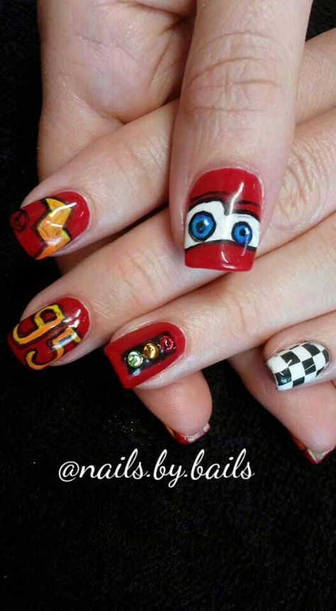 Lightning Mcqueen Nails, Rayo Mac Queen, Cars Nails, Valentine Photography, Lightning Mcqueen, Disney Cars, Pretty Nails, Acrylic Nails, Nail Designs