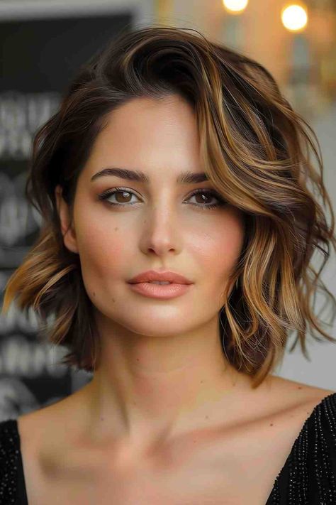 A woman with a side-parted wavy bob enhanced with honey highlights Hair All One Length Medium, Waved Bob Hairstyles, Side Parting Bob Hairstyles, Bob With Side Parting, Stepped Bob Hairstyles, Long Bob With Waves, Soft Wave Hairstyles, Fall 2024 Hair Trends Medium, Bob Haircut For Wavy Hair