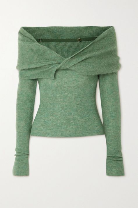 Knitted Sweater, Off The Shoulder, Bodice, Twist, Long Sleeves, Wool, Green