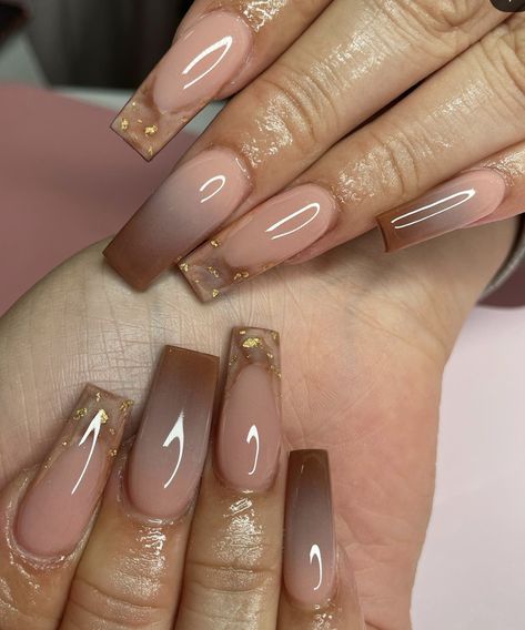 Simple Fall Nails Medium, Brown Nails Acrylic Ombre, Fall Set Acrylic Nails, Pink And Brown Ombre Nails, Chocolate Ombre Nails, Natural Color Nail Designs, Natural Nails Brown, Brown Ombre Acrylic Nails, Brown Coffin Nail Ideas