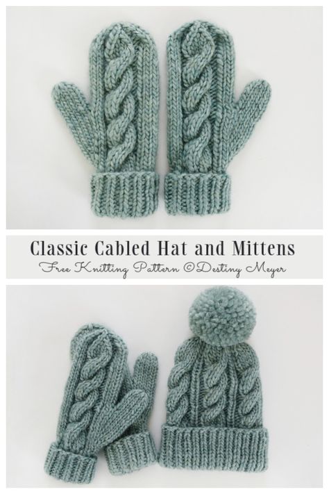 Classic Cabled Hat and Mittens Free Knitting Patterns Crochet Cable Mittens, Knit Cable Mittens, Cable Mittens Pattern Free, Crochet Cable Mittens Free Pattern, Hand Knit Mittens Free Pattern, Knit Hat Scarf Mitten Pattern, Chunky Mittens Knitting Pattern Free, Knitted Mittens Free Pattern Two Needles, Cable Knit Mittens Free Pattern