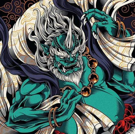 Raijin God, Japanese Demon Tattoo, Dragon Head Tattoo, Thunder God, Dragon Wallpaper, Dragon Wallpaper Iphone, Lion Vector, Samurai Tattoo Design, Arte Ninja